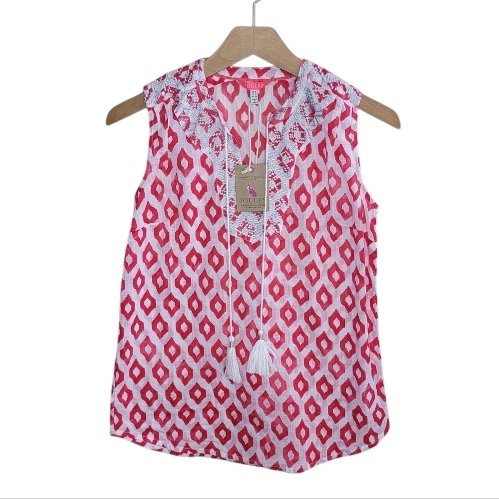 NWT Joules | Red & White Ikat Print Tank Top with Silver Embroidery Size 4